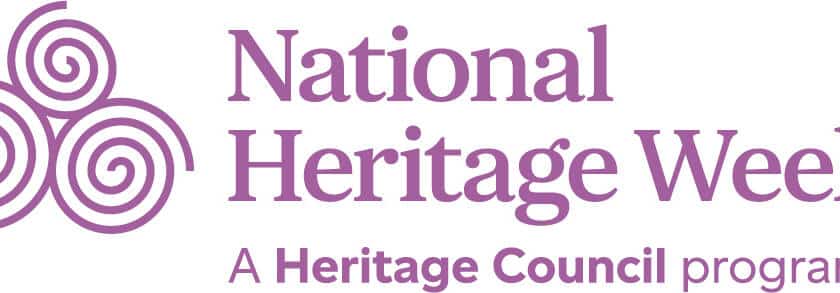 Logo for National Heritage Week featuring three purple Celtic spirals on the left and the text "National Heritage Week, A Heritage Council programme" in purple on the right.
