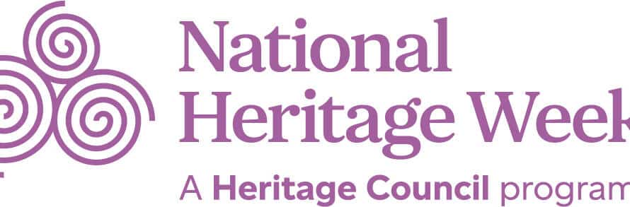 Logo for National Heritage Week featuring three purple Celtic spirals on the left and the text "National Heritage Week, A Heritage Council programme" in purple on the right.