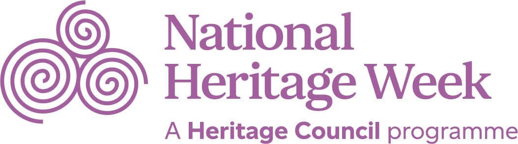 Logo for National Heritage Week featuring three purple Celtic spirals on the left and the text "National Heritage Week, A Heritage Council programme" in purple on the right.