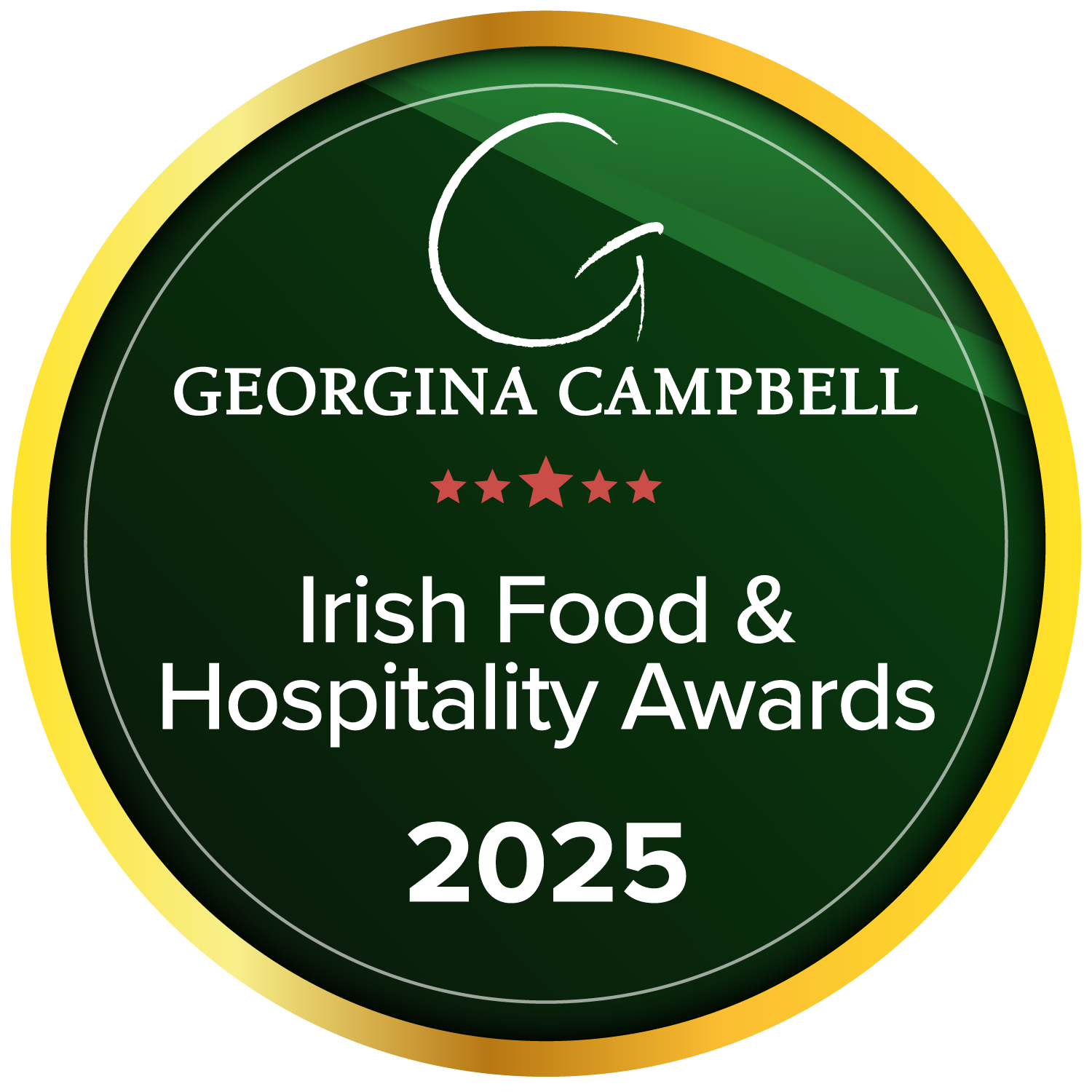 A circular green and gold badge with the text: "Georgina Campbell Irish Food & Hospitality Awards 2025" and five red stars in the centre.