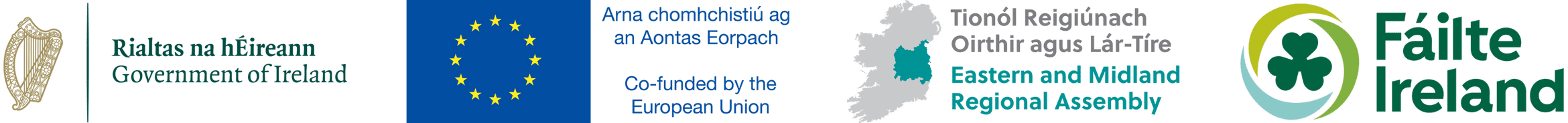 Logos of the Government of Ireland, European Union, Eastern and Midland Regional Assembly, and Fáilte Ireland, displayed side by side with text identifying each organisation.