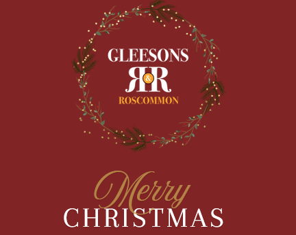 A festive wreath surrounds the "Gleesons Roscommon" logo on a red background. Below, gold and white text reads "Happy Christmas.