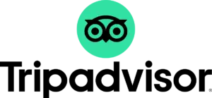 The image shows the black owl-eye logo of TripAdvisor inside a green circle, with the word “Tripadvisor” written in bold black text below it.